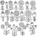 Doodle flower set with buds and open petals, single plants and decorative flower sprigs