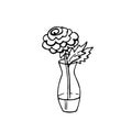 Doodle flower in vase,hand drawn sketch with rose.Romantic decoration,gift to holiday.Simple floral drawing, still life.Botanical