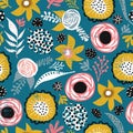 Doodle flowers and leaves seamless vector background blue pink white black mustard yellow. Hand drawn flat floral doodle