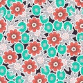 Doodle flowers seamless pattern, colorful floral background. Coral, green, white flower bud on dark backdrop, hand drawing, Royalty Free Stock Photo