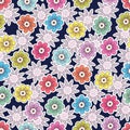 Doodle flowers seamless pattern, colorful floral background. Multicolor buds with white stroke on dark blue backdrop, hand drawing