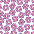 Doodle flowers seamless pattern, colorful floral background. Pink with purple stroke flower buds on white backdrop, hand drawing, Royalty Free Stock Photo