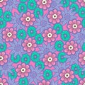 Doodle flowers seamless pattern, colorful floral background. Purple and green flower buds on pink backdrop, hand drawing, delicate Royalty Free Stock Photo