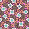 Doodle flowers seamless pattern, colorful floral background. White, coral, yellow flower bud on pink backdrop, hand drawing, Royalty Free Stock Photo