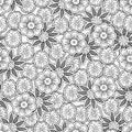 Doodle flowers seamless pattern, linear outline floral background, coloring. Black and white flower bud hand drawing, monochrome Royalty Free Stock Photo