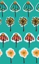 Doodle flowers seamless pattern on a teal background. Perfect for the kids market. Cute simple design. Fabric, paper, wallpaper,