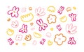 Doodle flowers set. Abstract simple floral shapes, design elements in scribble, cute kids drawing style. Crooked naive