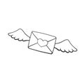 Doodle of flying closed envelope with wax heart and wings