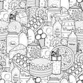 Doodle food black and white seamless pattern. Groceries coloring page