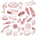 Doodle food collection. Fish, meat, vegetables and other different things. Sketchy style.