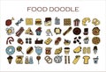 Doodle food set of 50 various fast-food products. Hand-drawn sweets, desserts, snacks, popcorn, American food and Royalty Free Stock Photo