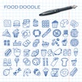 Doodle food set of 50 various fast-food products. Hand-drawn sweets, desserts, snacks, popcorn, American food and Royalty Free Stock Photo