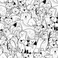 Doodle forest animals black and white seamless pattern. Funny coloring page Royalty Free Stock Photo