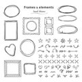 Doodle frames and elements. Hand drawn square round line frames, pencil sketch circle borders. Vector headline marker Royalty Free Stock Photo