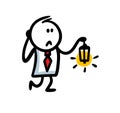 Doodle frightened stickman in office costume holding a lamp and going with upset face.