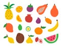 Doodle fruit set isolated on white background. Natural tropical fruits. Hand drawn organic food. Healthy fresh salad