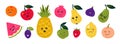 Doodle fruits. Cartoon funny characters of berries and citrus with happy faces, tropical food with cute kawaii emotions Royalty Free Stock Photo