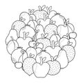 Doodle fruits circle shape coloring page. Mandala with apples, lemon