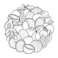 Doodle fruits circle shape pattern for coloring book. Food mandala coloring page