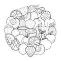 Doodle fruits circle shape pattern for coloring book. Food mandala coloring page