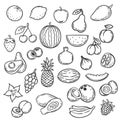 Doodle fruits. Hand drawn outline berry apricot, banana and pear, cherry. Apple, strawberry and grape