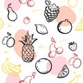 Doodle fruits isolated on white blackboard seamless pattern vector. Healthy nutrition sketch illustration. pineapple, strawberries Royalty Free Stock Photo