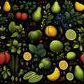 Doodle fruits. Natural tropical fruit, doodles citrus orange and vitamin lemon. Vegan kitchen apple hand drawn
