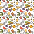 Doodle fruits seamless pattern. Hand drawn exotic fruits mango, orange and lemon, watermelon, banana and kiwi wallpaper vector Royalty Free Stock Photo