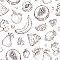 Doodle fruits seamless pattern. Sketch fresh organic berries vector endless texture