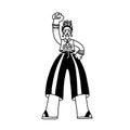 Doodle full-length female figure with a raised fist. Frida Caricature concept. Girl poewr symbol. Linear black and white