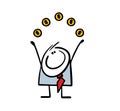 Doodle funny man in elegant business suit juggles gold coins with dollar sign at work. Vector illustration of carefree