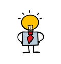 Doodle funny person with a human body and a head glowing with a light bulb. Vector illustration of a brilliant Royalty Free Stock Photo
