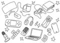 Doodle games game art with gaming tools hardware and black and white color