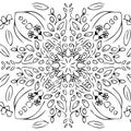 Doodle garden design with a circle shape. there are leaves, stems, flowers, beetle insects, butterflies. and ornate ornaments. sha