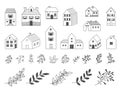 Doodle garden house. Hand drawn rural wooden building with floristic decorative elements, flowers leaves grass. Vector