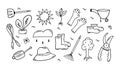 Doodle garden vector set with shovel, glove, hat, boots, basket, pulverizer, boots, pruning shears. etc. Hand drawn Royalty Free Stock Photo