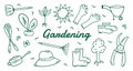 Doodle garden vector set with shovel, glove, hat, boots, basket, pulverizer, boots, pruning shears. etc. Hand drawn Royalty Free Stock Photo