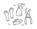 Doodle gardening vector elements. Gloves, pulverizer, boots, pruning shears. Hand drawn spring accessories