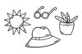 Doodle gardening vector elements. Sun, hat, sunglasses, pot plant. Hand drawn spring or summer accessories