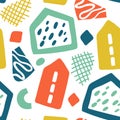 Doodle geometric background. Hand drawn buildings, colorful houses and abstract shapes pattern. Trendy fashion elements Royalty Free Stock Photo