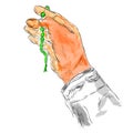 Doodle gesture hand exalting for god using prayer beads, at watercolor effect Royalty Free Stock Photo