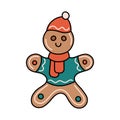 Doodle Ginger man isolated. Christmas homemade traditional gingerbread dessert decorated. Funny sweet cookie character with cap Royalty Free Stock Photo