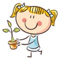 Doodle girl holding a plant in a pot on a white background. Gardening, nature, ecology. Vector illustration