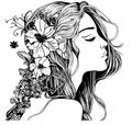 Doodle girl with leaves and flowers in her hair. Women portrait for adult coloring book Royalty Free Stock Photo