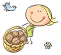 Doodle girl with a potato harvest in a basket. Cartoon kid clipart