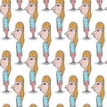 Doodle girl seamless pattern, hipster cartoon, hand drawn vector illustration, fabric texture, people, Gift wrapping paper