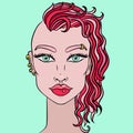 Doodle girl with shaved head. Womens portrait with pink hair. Vector illustration.