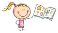 Doodle girl showing a book, vector cartoon illustration