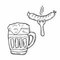 Doodle glass of beer. Hand drawn sketches of beer and sausage. Isolated vector illustration