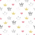 Doodle gold crown and hearts. Seamless little princess illustration pattern for fabric design